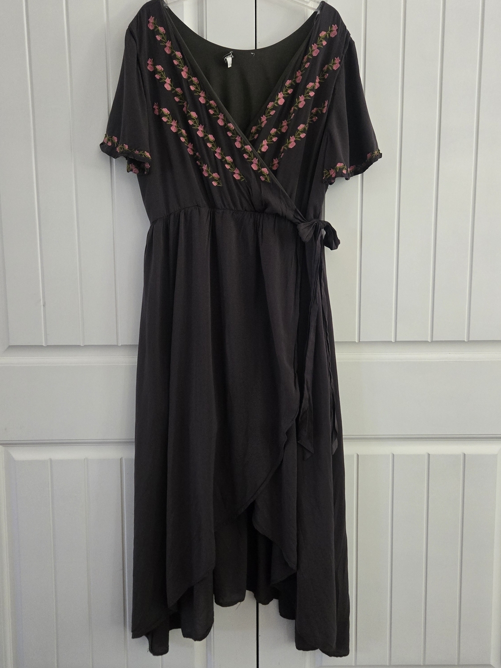 JODIFL Black Wrap Dress with Pink Floral Trim